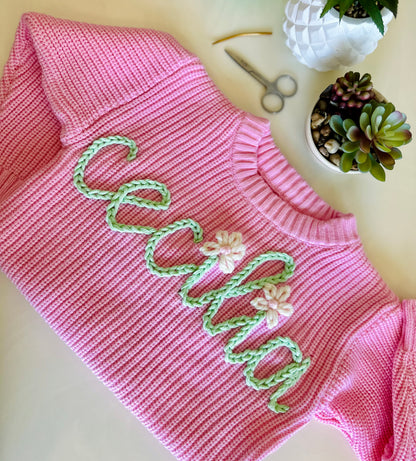 Personalized Hand-Embroidered Bubblegum & Lilac Sweater with Mint Yarn