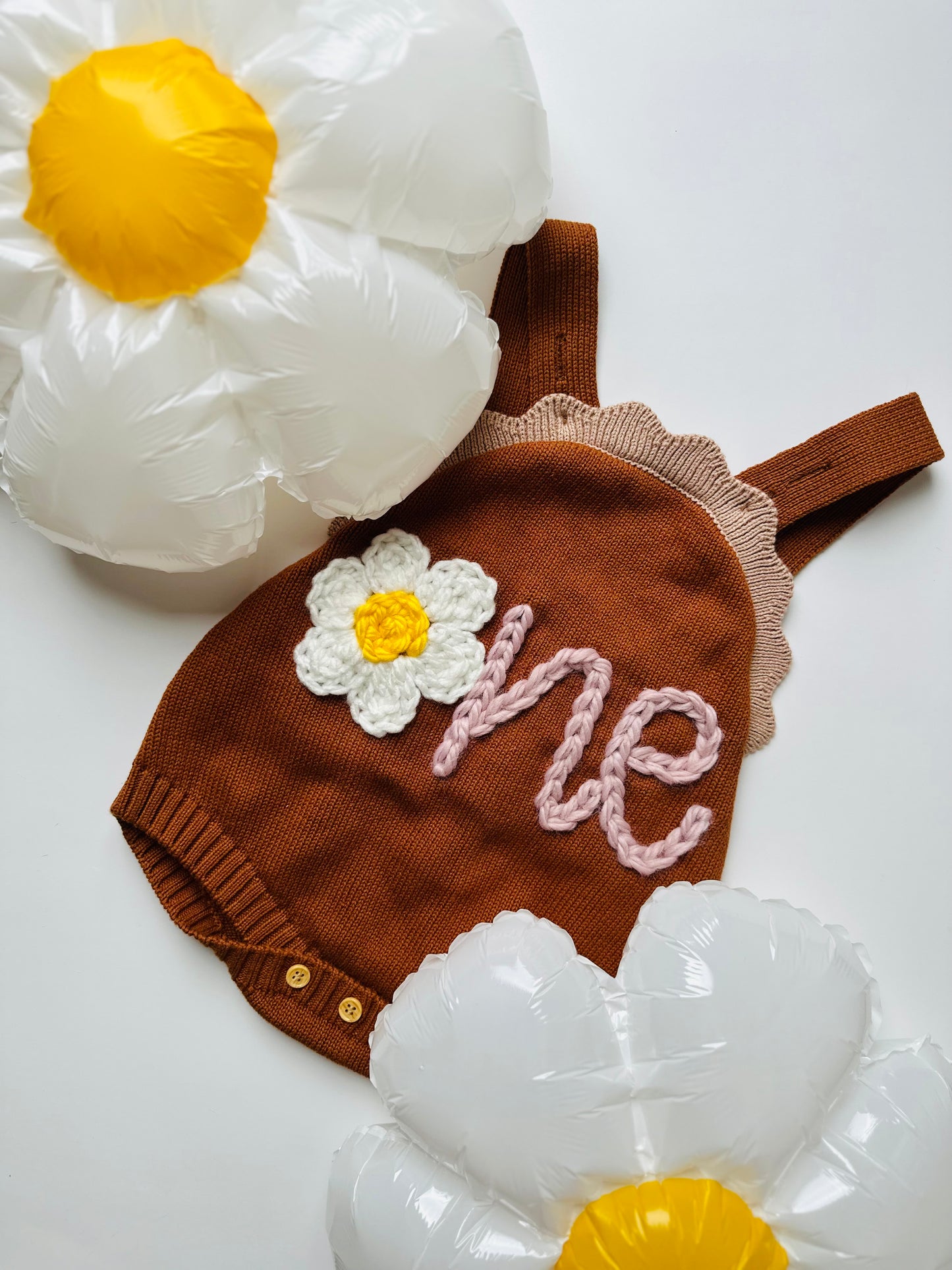 Personalized Hand-Embroidered Brown Knit Scallop Edge Romper