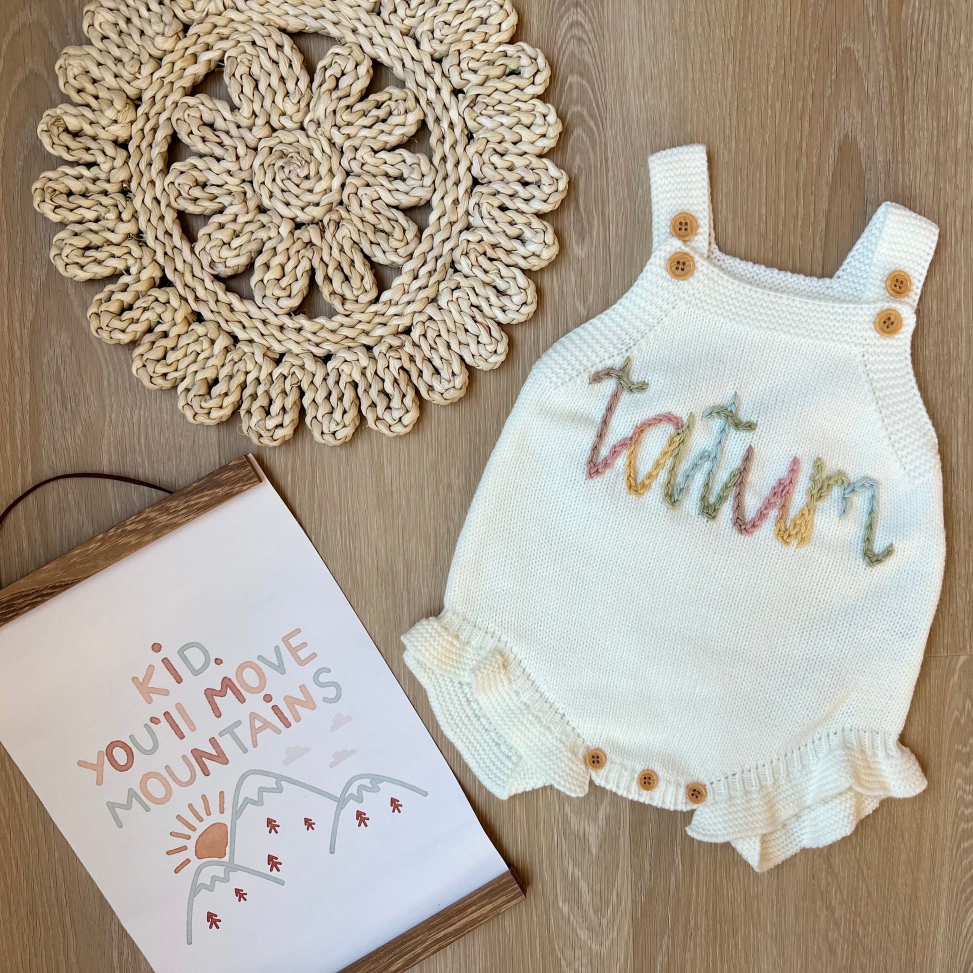 white personalized hand-embroidered romper