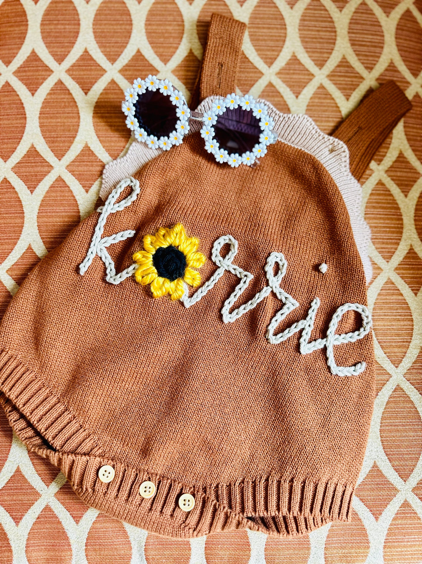 Personalized Hand-Embroidered Brown Knit Scallop Edge Romper