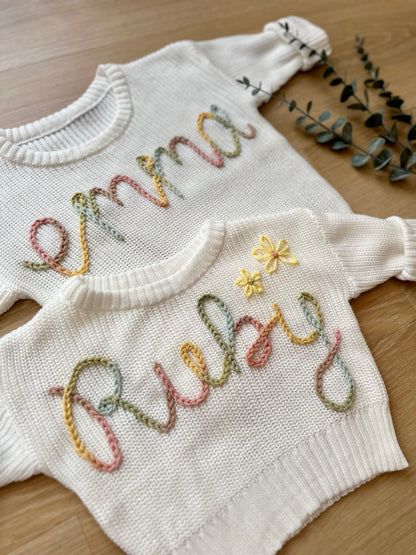 Personalized Hand-Embroidered Pink, White, Gray Baby Sweater