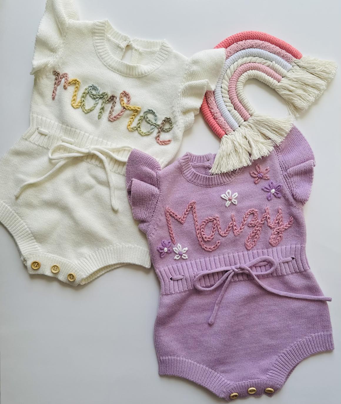 Monroe and Maizy personalized hand-embroidered rompers