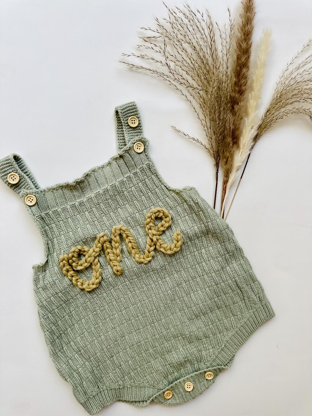 Hand-Embroidered Knitted Baby Romper in Stormy, Rose, Seafoam