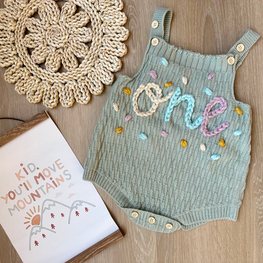 Hand-Embroidered Knitted Baby Romper in Stormy, Rose, Seafoam
