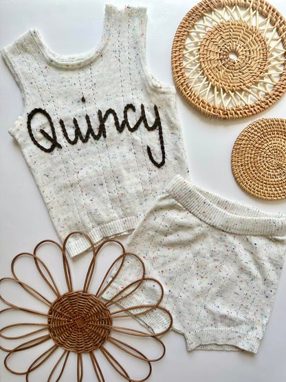 Hand-Embroidered Unisex Speckled Cream 2 Piece Knit Sleeveless Vest and Shorties Set