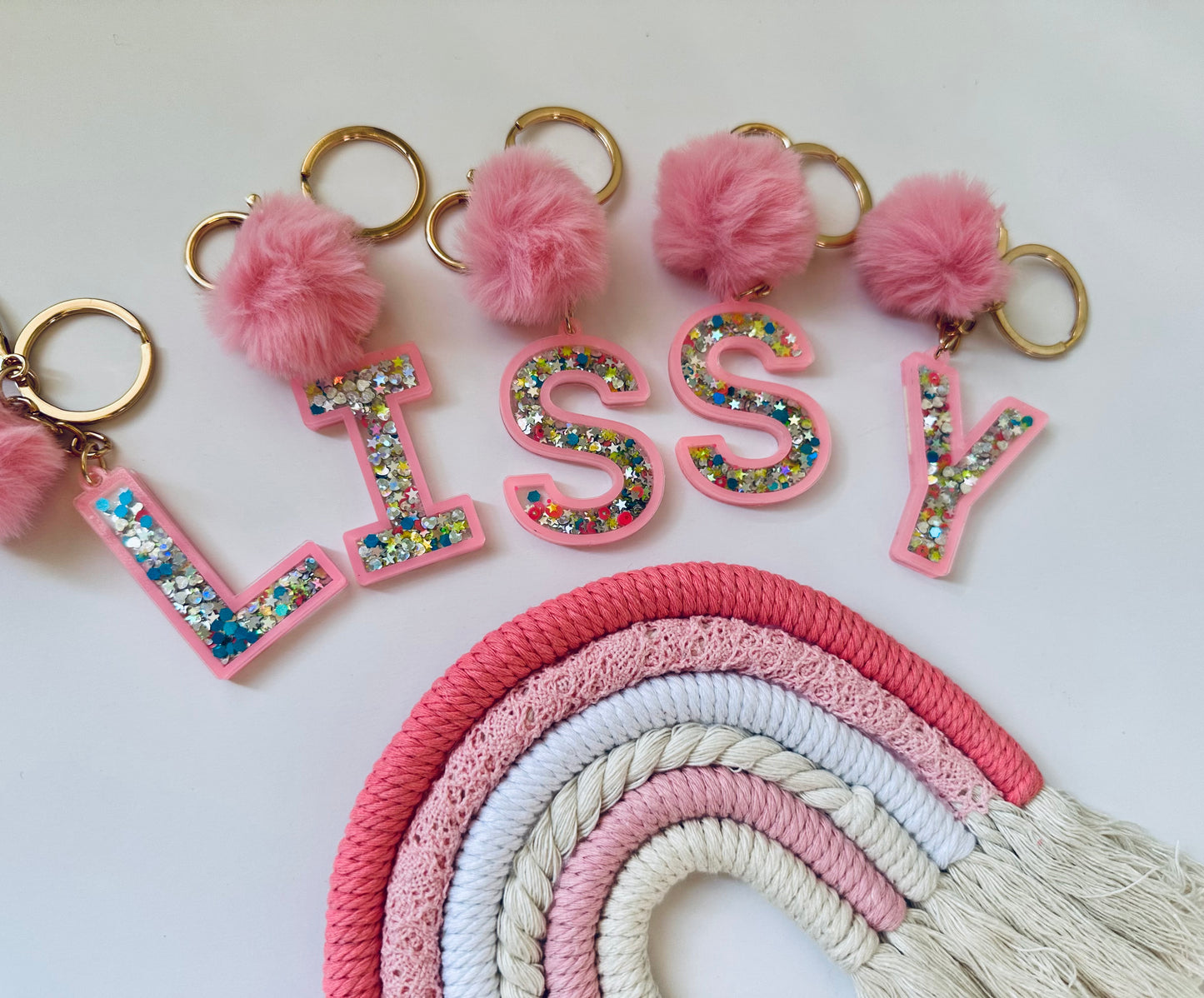 Glitter Letter Keychain with Puff Ball Charm