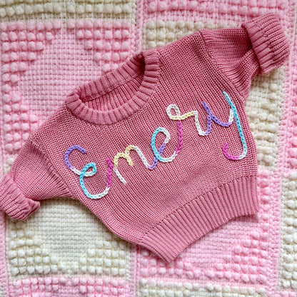 Personalized Hand-Embroidered Pink, White, Gray Baby Sweater