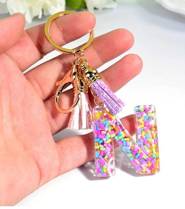 Rainbow Sprinkle Initial Keychain With Key Ring Tassel