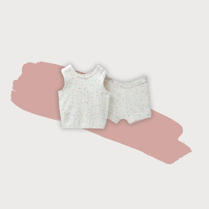 Hand-Embroidered Unisex Speckled Cream 2 Piece Knit Sleeveless Vest and Shorties Set